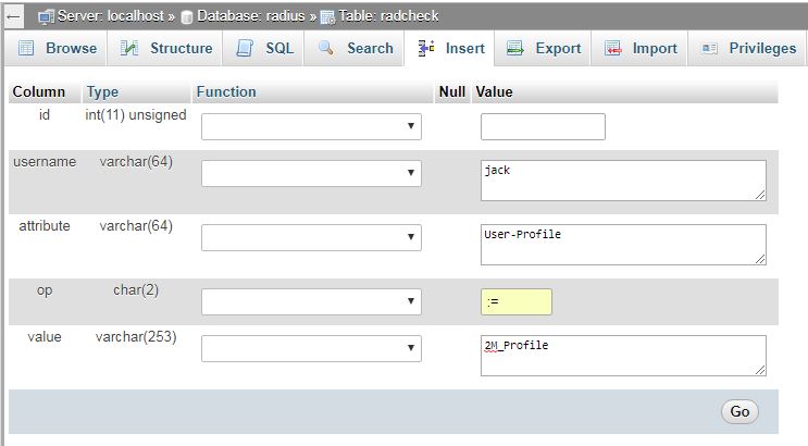 input user profile in radcheck table