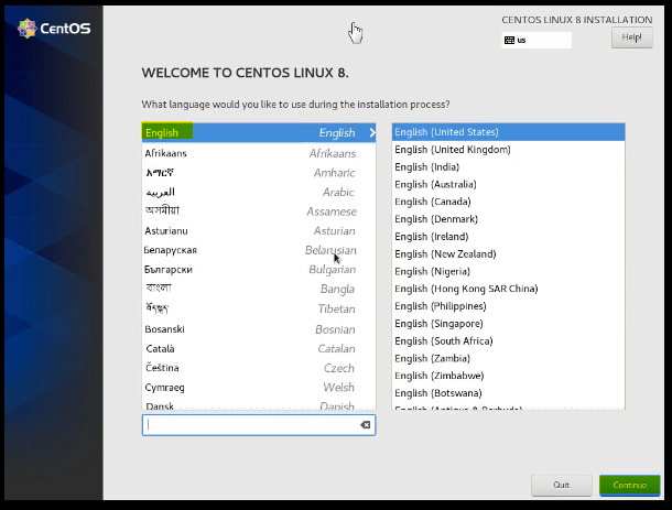 Choosing CentOS 8 Installation Language