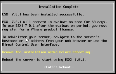 VMware ESXi 7.0 Installation Successful Message