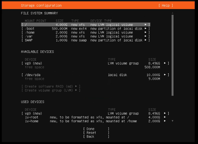 Storage Configuration for Ubuntu Server Installation