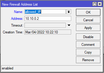 Creating Firewall Address List Entry