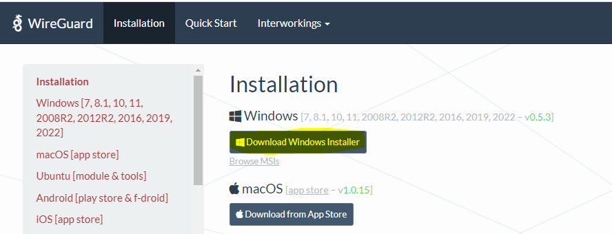 Downloading WireGuard Windows Installer